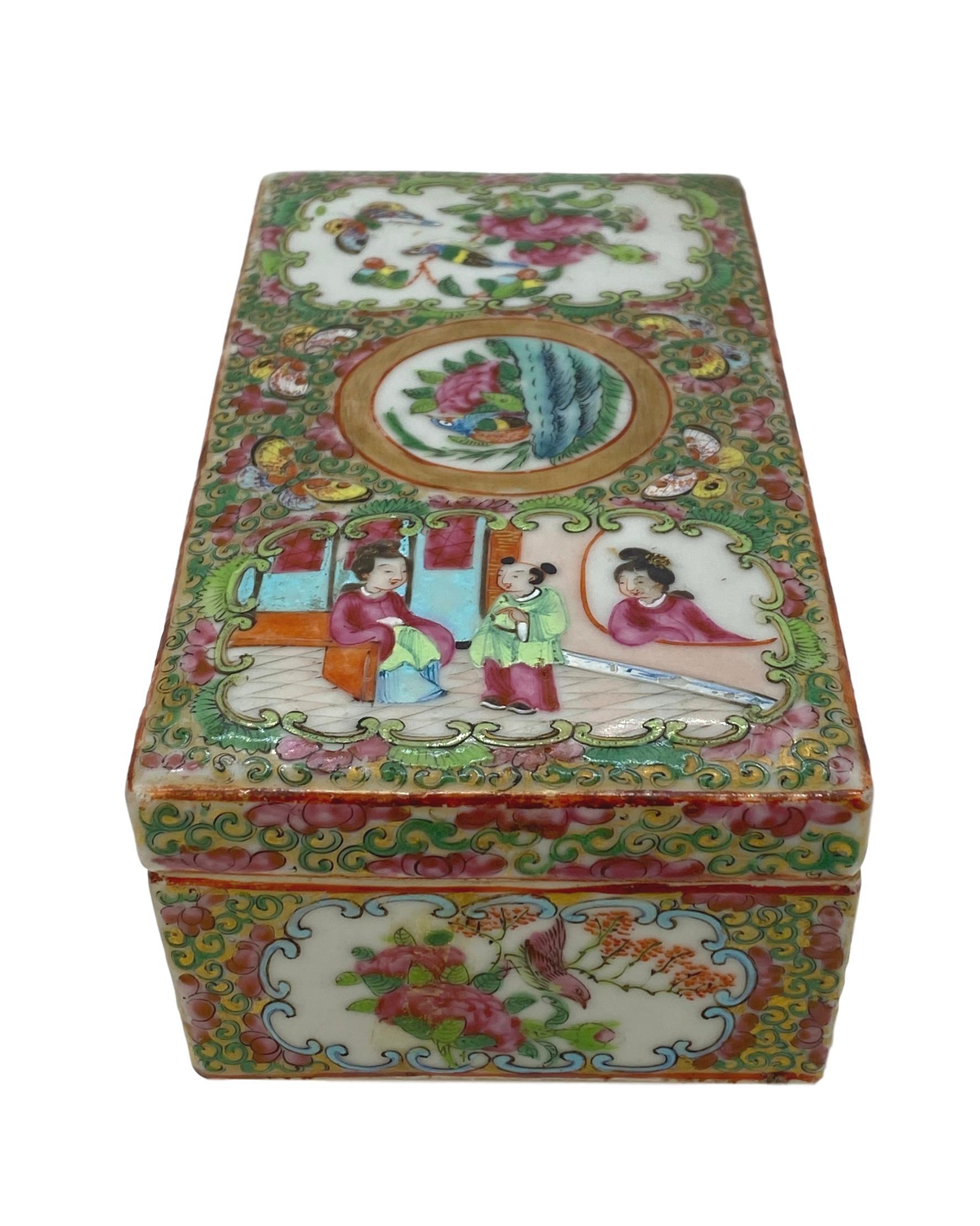 Chinese Export Porcelain rose medallion brush box, Canton, circa 1870, with vividly enameled glazes and gilding, detailed court scene, with flowers, birds, butterflies, and bats (rare), a symbol in Chinese art for good fortune and luck.
Book