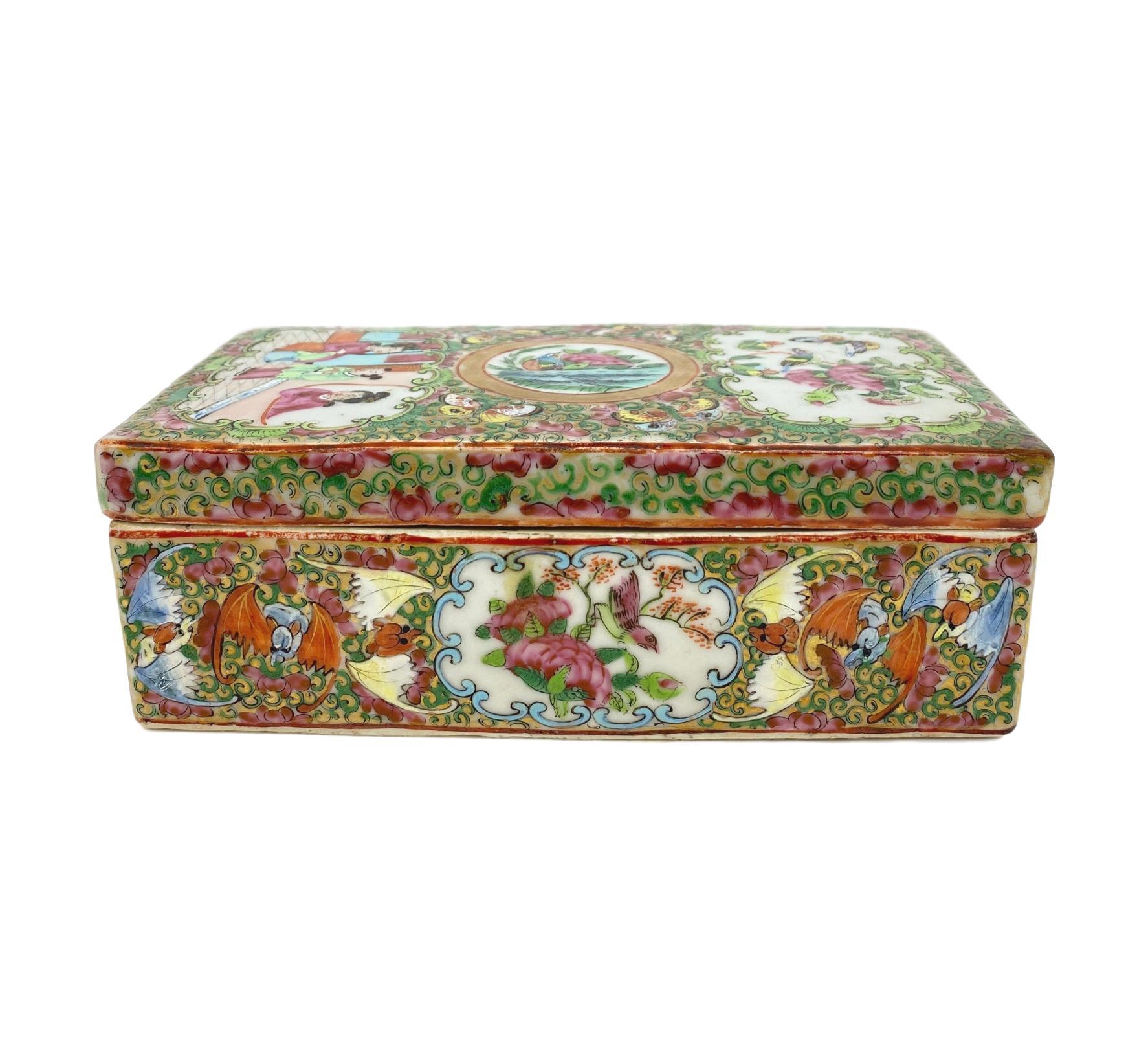 Enameled Chinese Export Porcelain Rose Medallion Brush Box with Bats, Canton, circa 1870