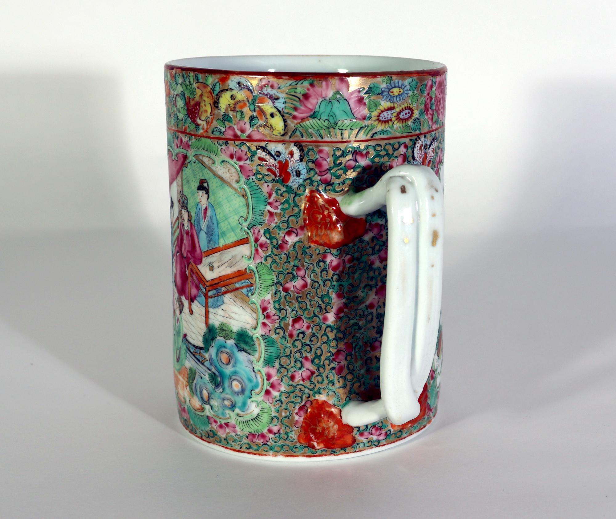 Chinese Export Porcelain Tankard,
Rose Medallion,
Circa 1840-60

The large Chinese Export porcelain tankard or mug is finely painted in 
