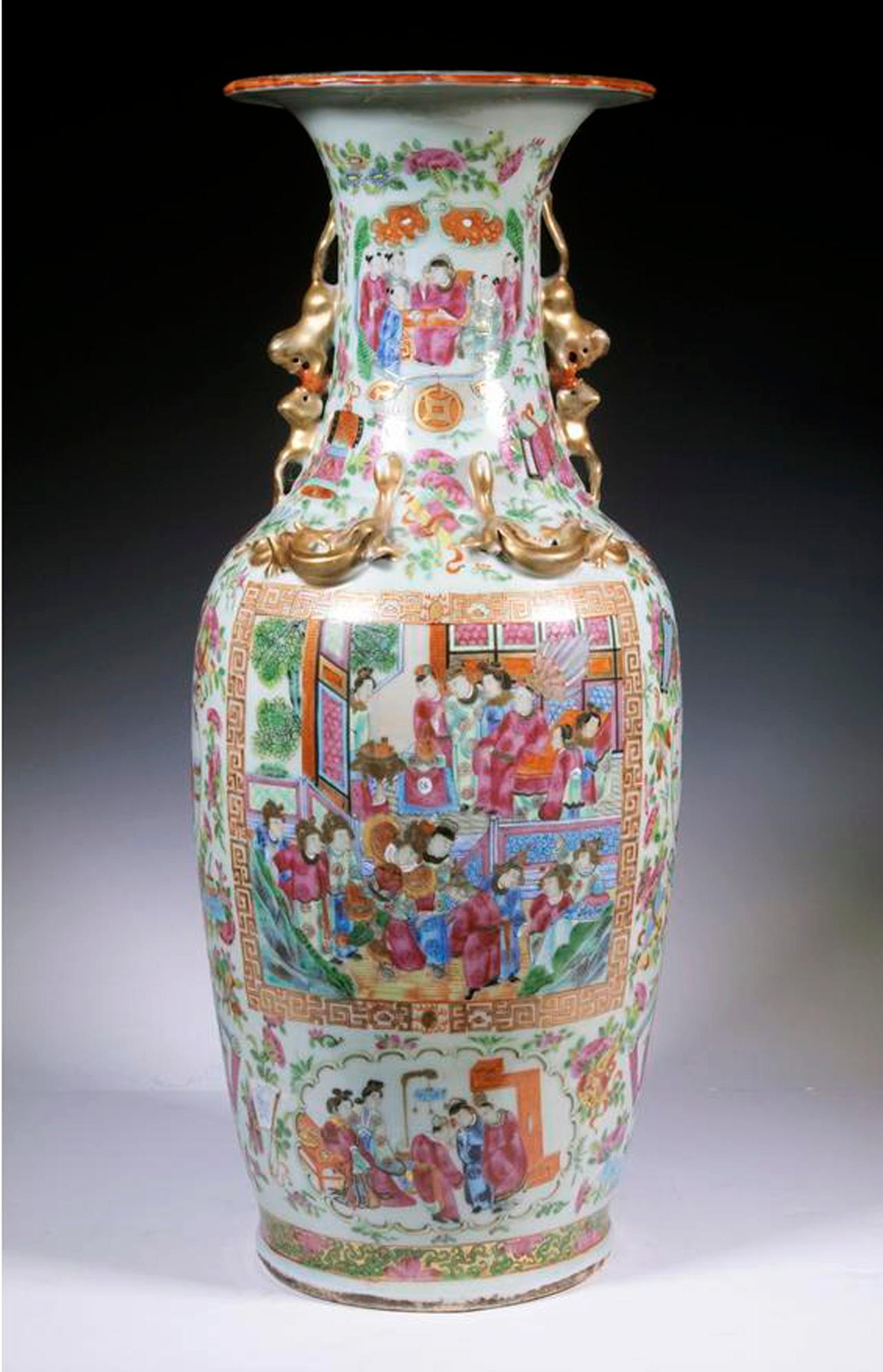 Chinese export porcelain rose Medallion large vase,
Circa 1860

The Chinese Rose Mandarin Porcelain Baluster vase is painted with court scenes in panels surrounded by floral, butterfly and auspicious symbol motifs. The gilt handles are in the
