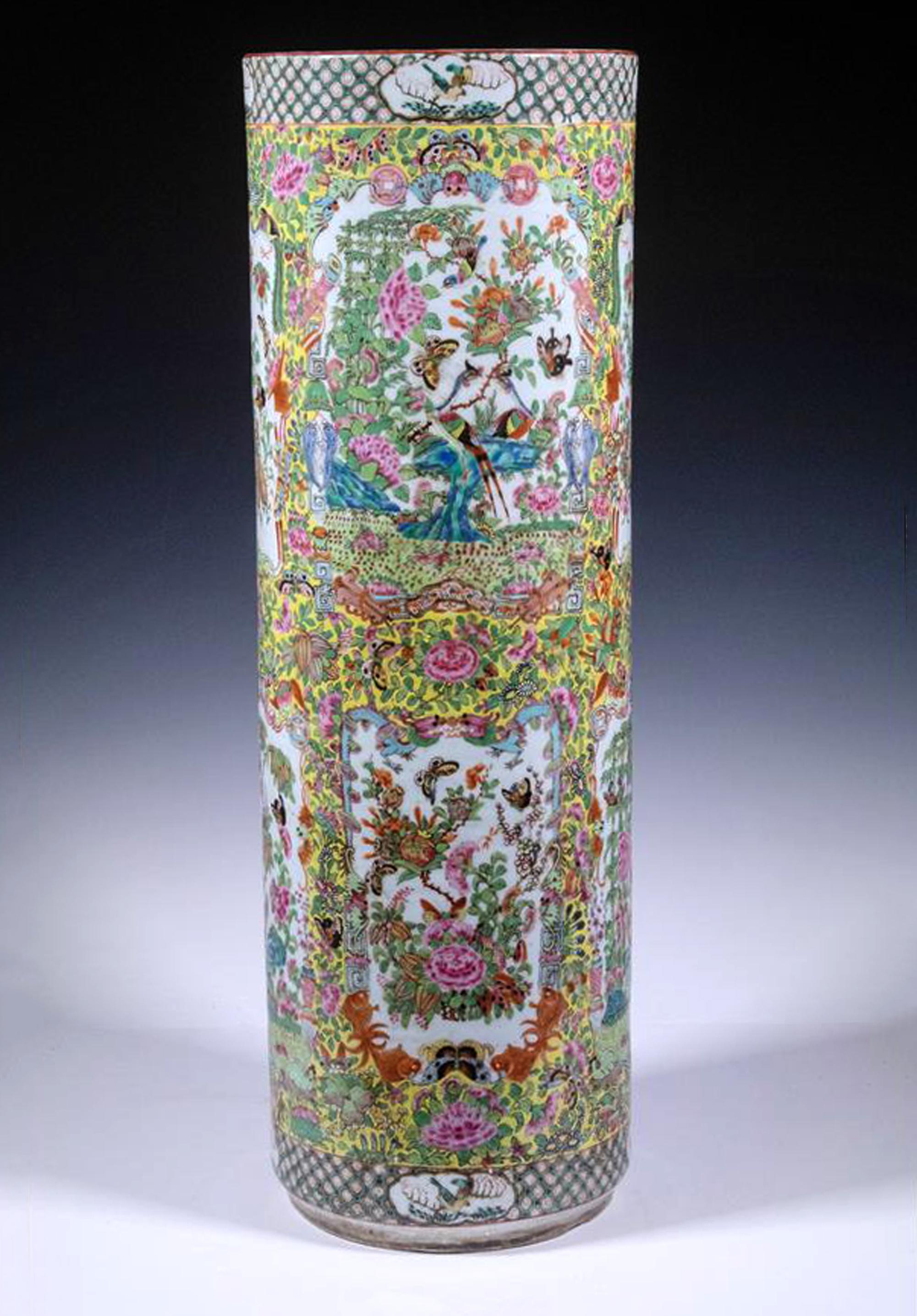 Chinese Export Porcelain Rose Medallion umbrella or cane stand

The Chinese Export Porcelain Walking Stick Stand is of a tall cylindrical form with cartouches containing floral and figurative decoration surrounded by floral and butterfly motifs on