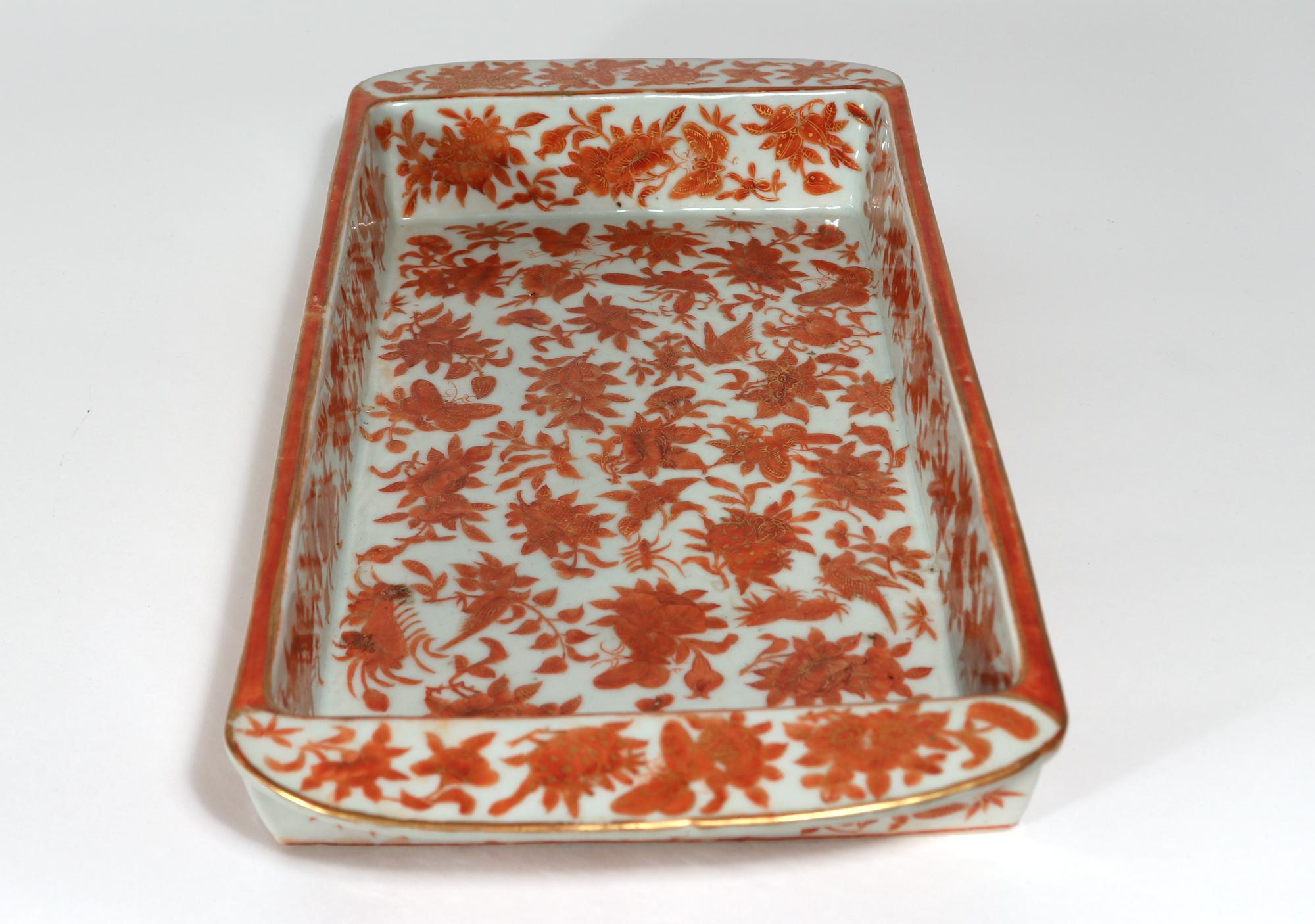 Chinese export porcelain sacred bird & butterfly pattern large bulb tray,
Circa 1820-50

The Chinese Export porcelain tray is painted with an overall pattern in orange of the sacred bird & butterfly pattern. This is of a particularly large shape