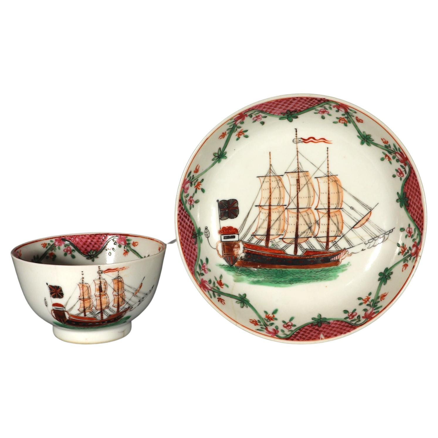 Chinese Export Porcelain Ship Decorated Tea Bowl & Saucer