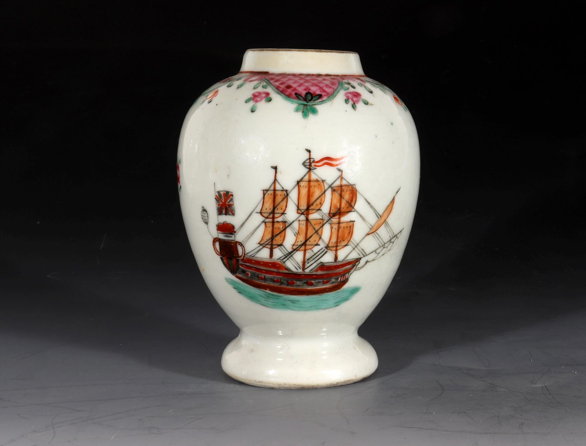 Chinese export porcelain ship-decorated tea caddy or teapou.
Circa 1790

The Chinese Export porcelain famille rose teapoy is painted with a three-masted British ship on two sides with a green ribbon swag around the border with two sections with