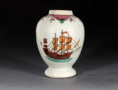 Chinese Export Porcelain Ship-Decorated Tea Caddy or Teapoy