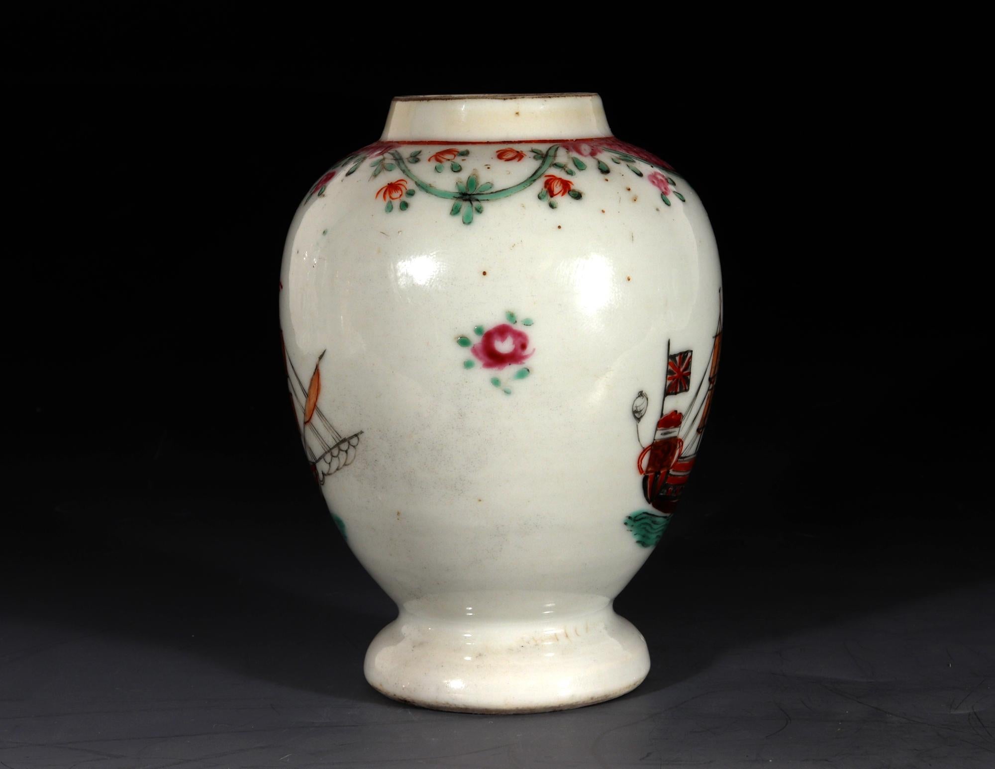 Late 18th Century Chinese Export Porcelain Ship-Decorated Tea Caddy or Teapoy