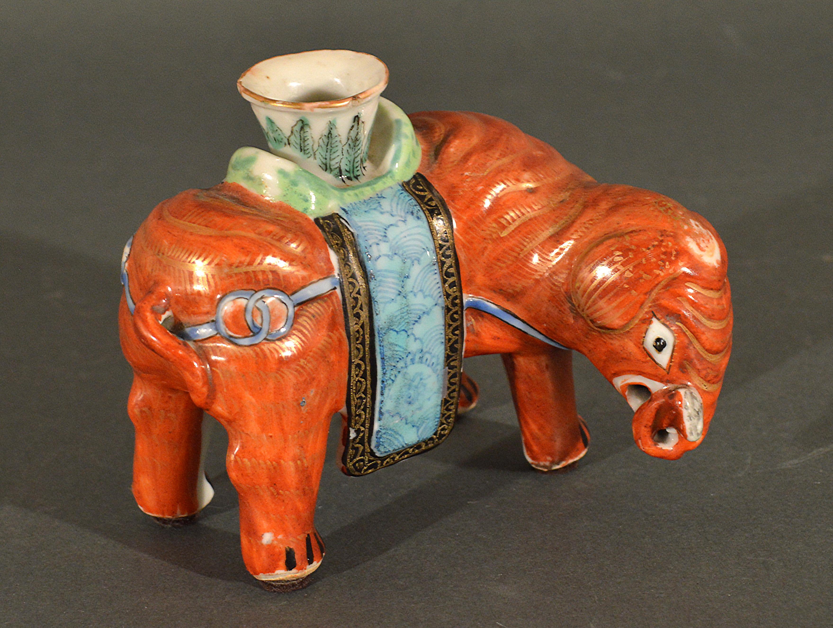 Chinese Export Porcelain Small Canton Famille Rose Elephant Candlestick In Good Condition For Sale In Downingtown, PA