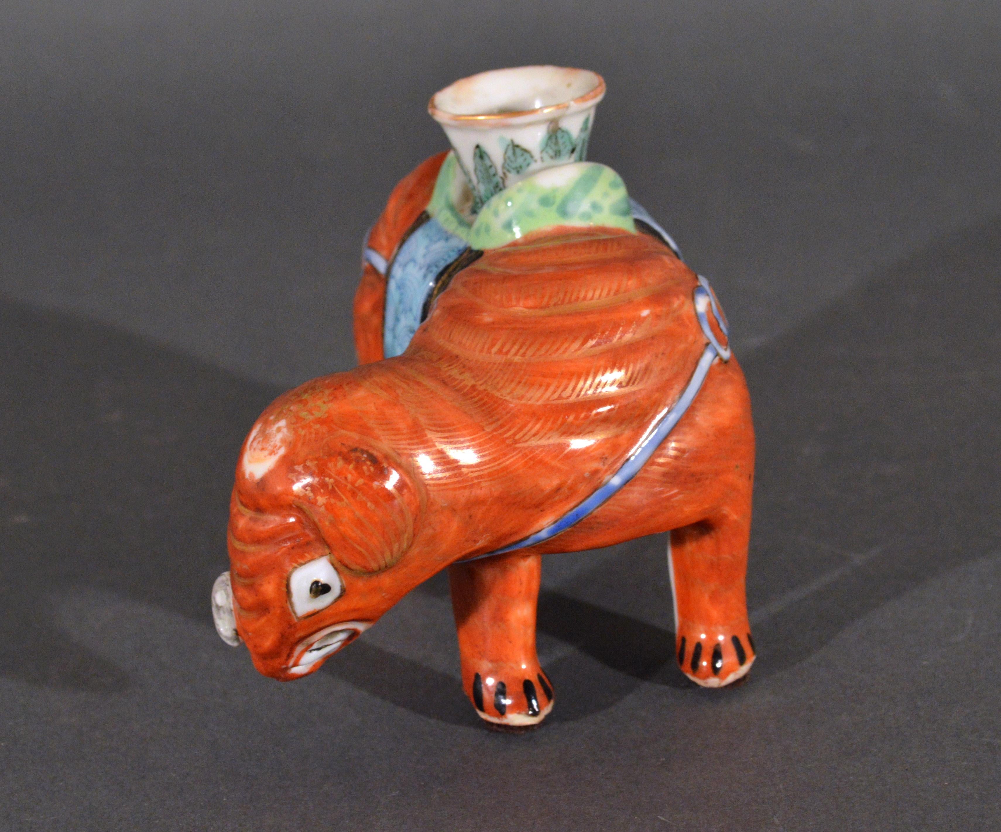 19th Century Chinese Export Porcelain Small Canton Famille Rose Elephant Candlestick For Sale