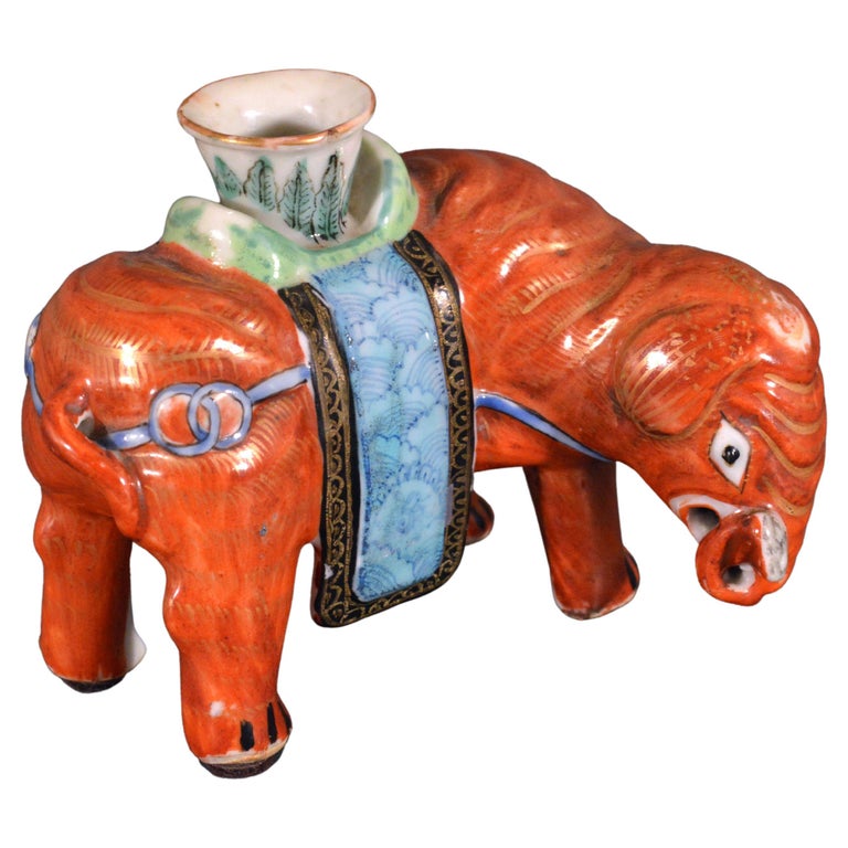 Chinese Export Porcelain Small Canton Famille Rose Elephant Candlestick For Sale