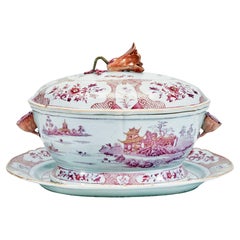 Chinese Export Porcelain Soup Tureen, Cover & Stand in Puce & Gold