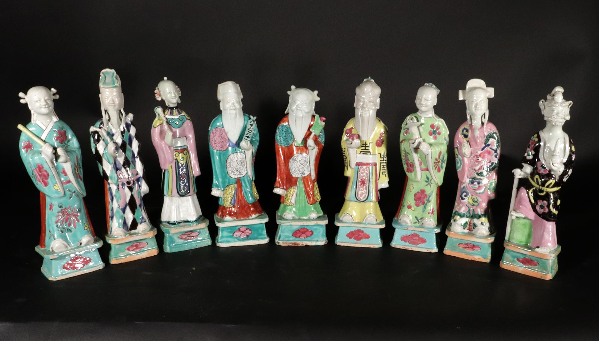 Chinese Export Porcelain Taoist Immortal Figures,
Eight Immortals  and Shou Laou,
Late 18th-early 19th century

The Chinese Export porcelain figures each represent a different Taoist Immortal and Shou Lao.  The figures stand on turquoise rectangular