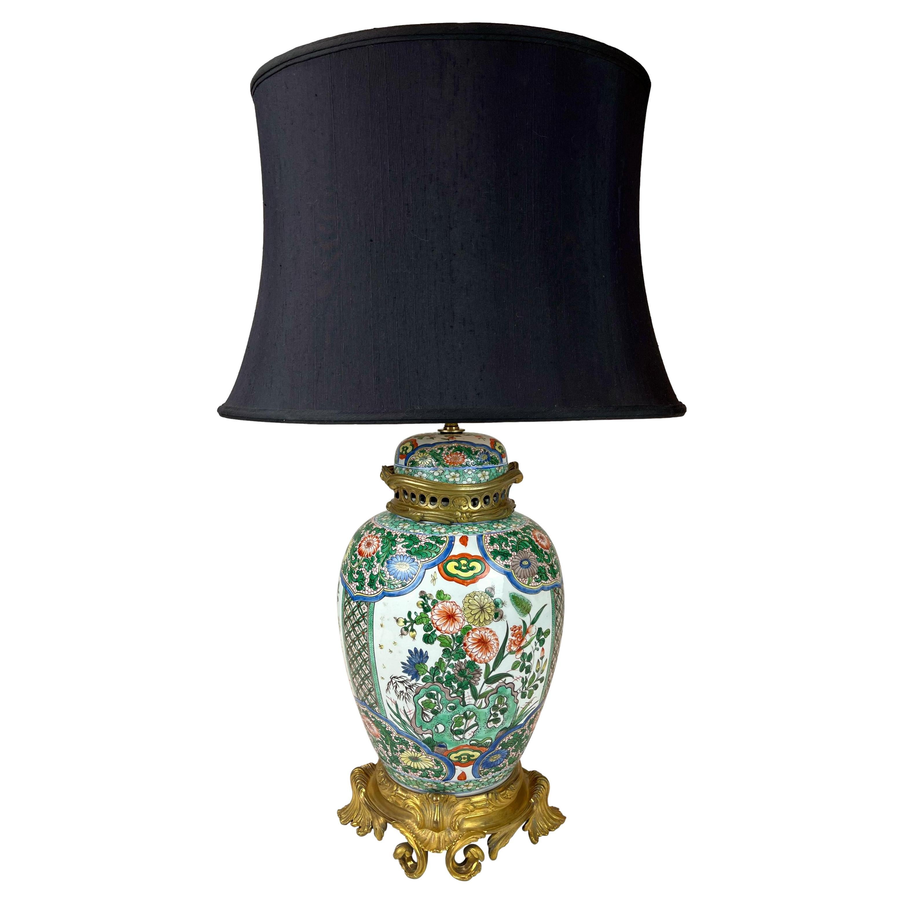 Chinese Export Porcelain Temple Jar French Bronze Ormolu-Mounted Lamp