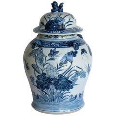 Chinese Export Porcelain Temple Vase and Lid Blue and White Hand Painted, 19th C