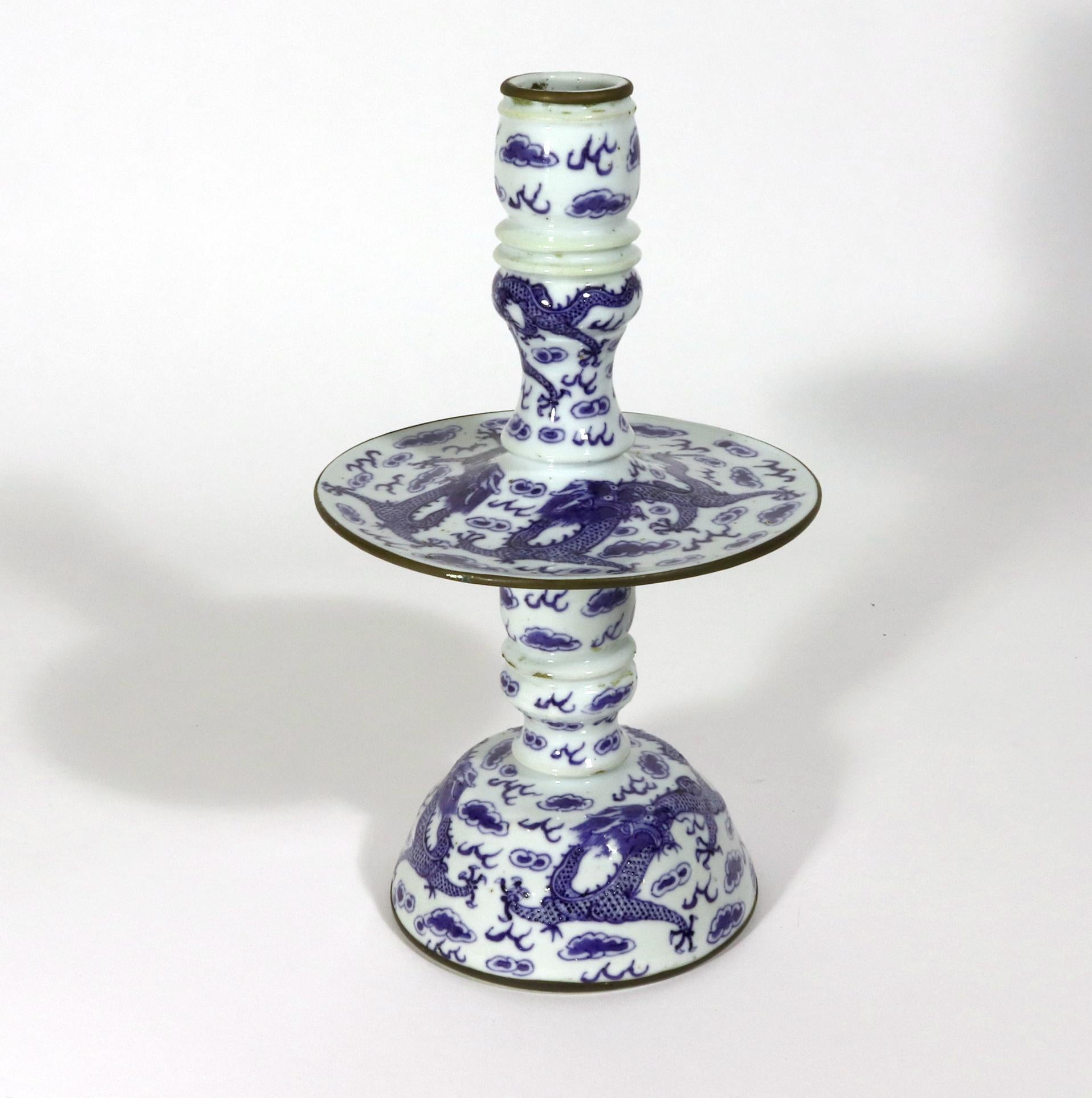 Chinese Export Porcelain Underglaze Blue Pair of Candlesticks For Sale 1