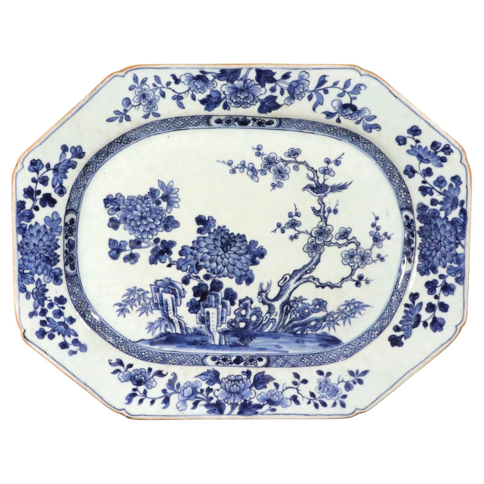 Chinese Export Porcelain Underglaze Blue Shaped Botanical Dish
