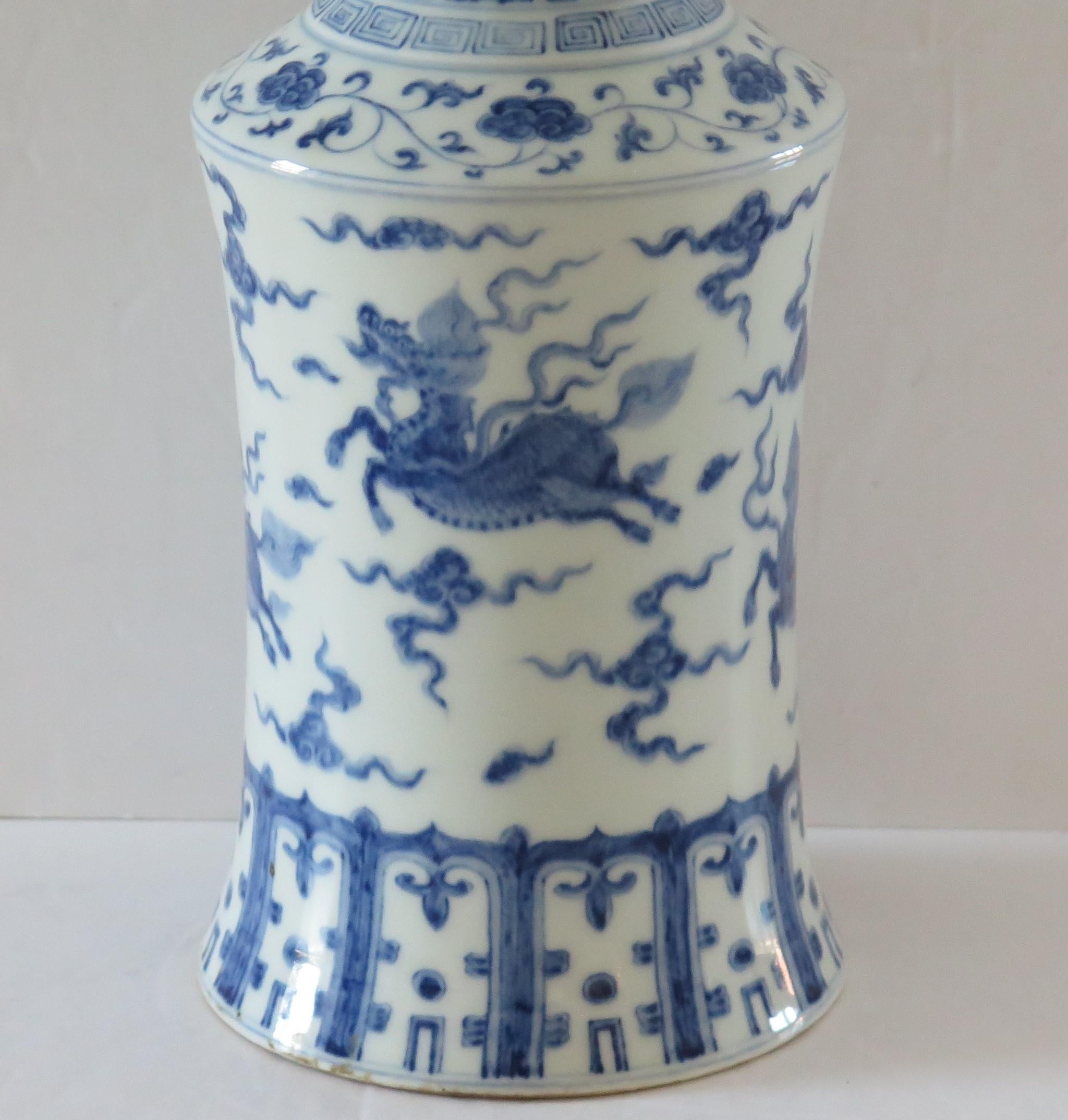 Chinese Export Vase Blue & White porcelain Hand Painted Kylins, Circa 1930 5