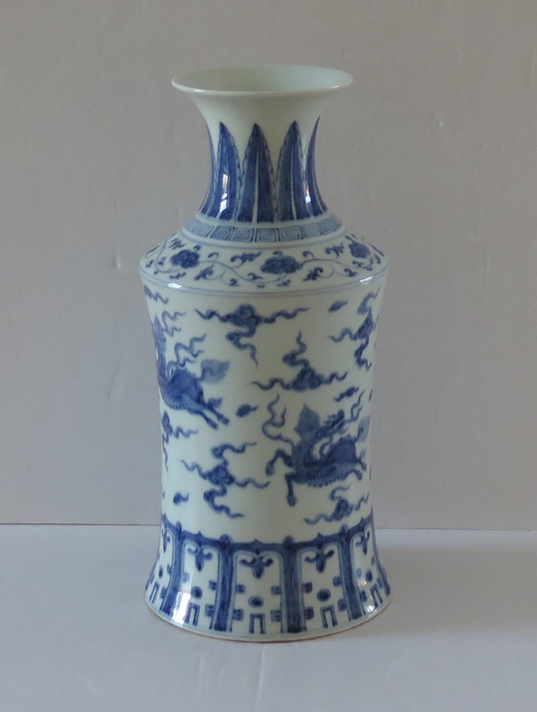Hand-Painted Chinese Export Vase Blue & White porcelain Hand Painted Kylins, Circa 1930