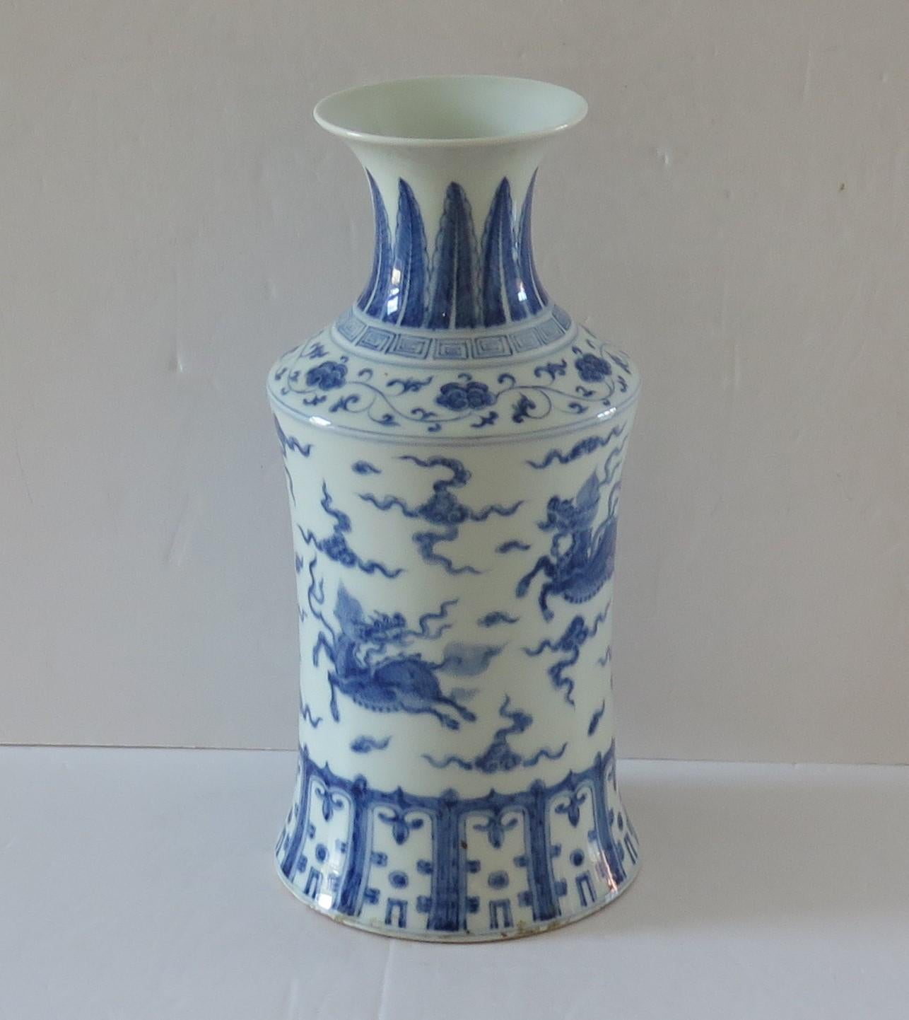 Porcelain Chinese Export Vase Blue & White porcelain Hand Painted Kylins, Circa 1930