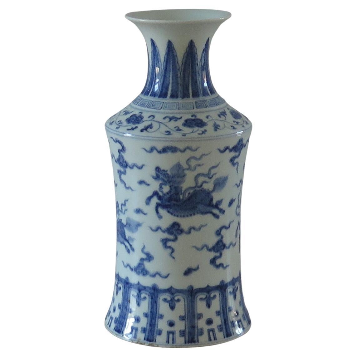 Chinese Export Vase Blue & White porcelain Hand Painted Kylins, Circa 1930