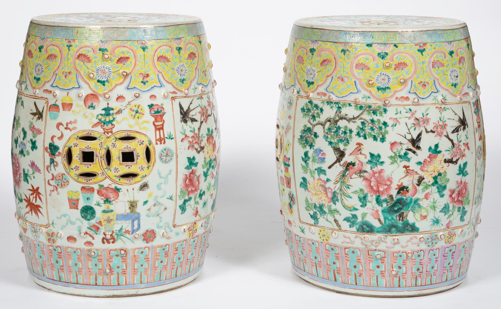 Chinese Export porcelain garden seats,
Mid-19th century.
(Ref: 9576-Mrmr)

The Chinese porcelain garden seats are of circular barrel form with bands of yellow around the upper rim and the top. Around the top of the seat is a band of Greek Key