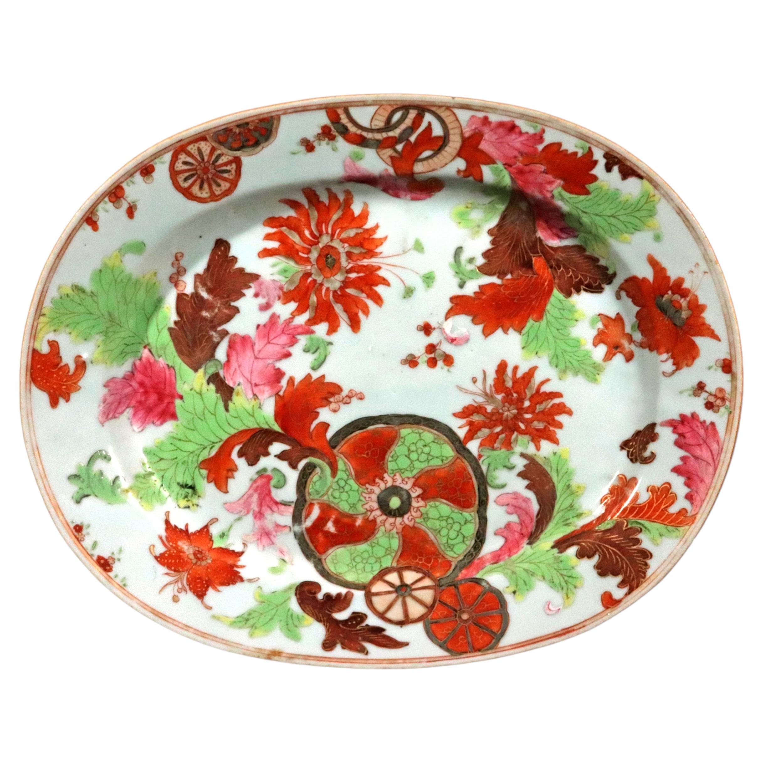 Chinese Export Pseudo Tobacco Leaf Porcelain Dish, Famille Rose, Circa 1765 ( For Sale