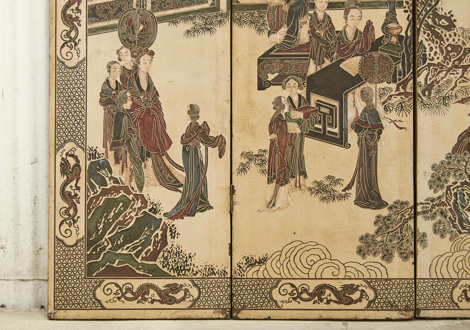 Chinese Export Qing Four Panel Ivory Lacquered Coromandel Screen 4