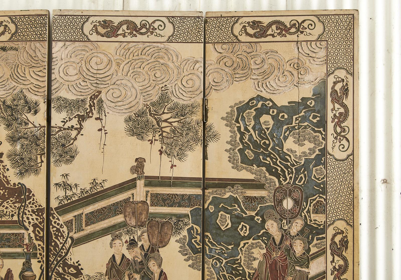Chinese Export Qing Four Panel Ivory Lacquered Coromandel Screen 5