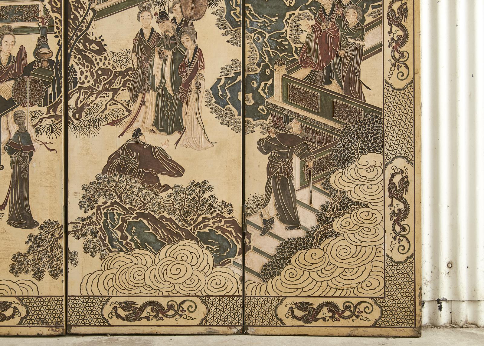 Chinese Export Qing Four Panel Ivory Lacquered Coromandel Screen 6