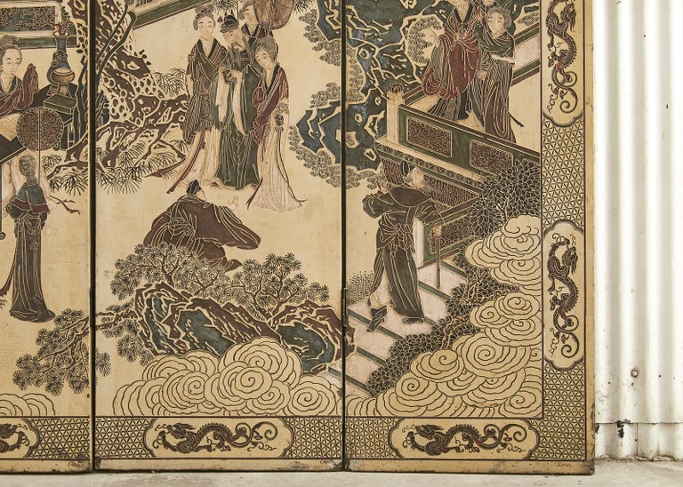 Chinese Export Qing Four Panel Ivory Lacquered Coromandel Screen For Sale 7