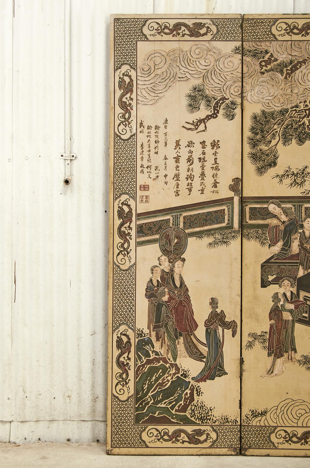 Chinese Export Qing Four Panel Ivory Lacquered Coromandel Screen In Distressed Condition In Rio Vista, CA