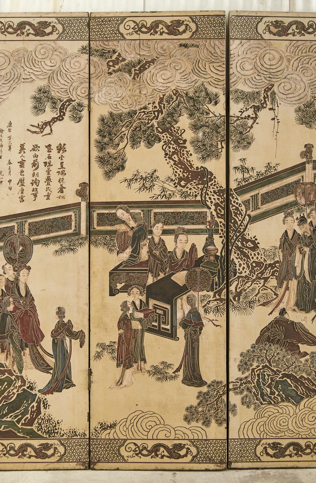 20th Century Chinese Export Qing Four Panel Ivory Lacquered Coromandel Screen