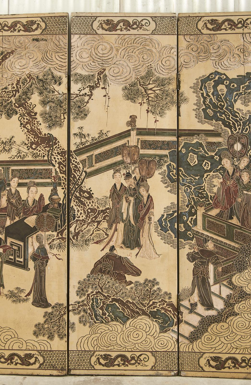 Brass Chinese Export Qing Four Panel Ivory Lacquered Coromandel Screen