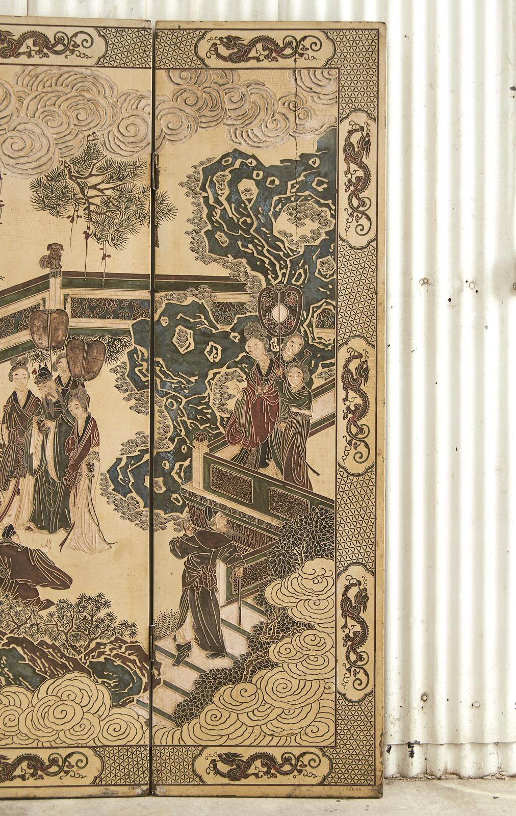 Chinese Export Qing Four Panel Ivory Lacquered Coromandel Screen 1