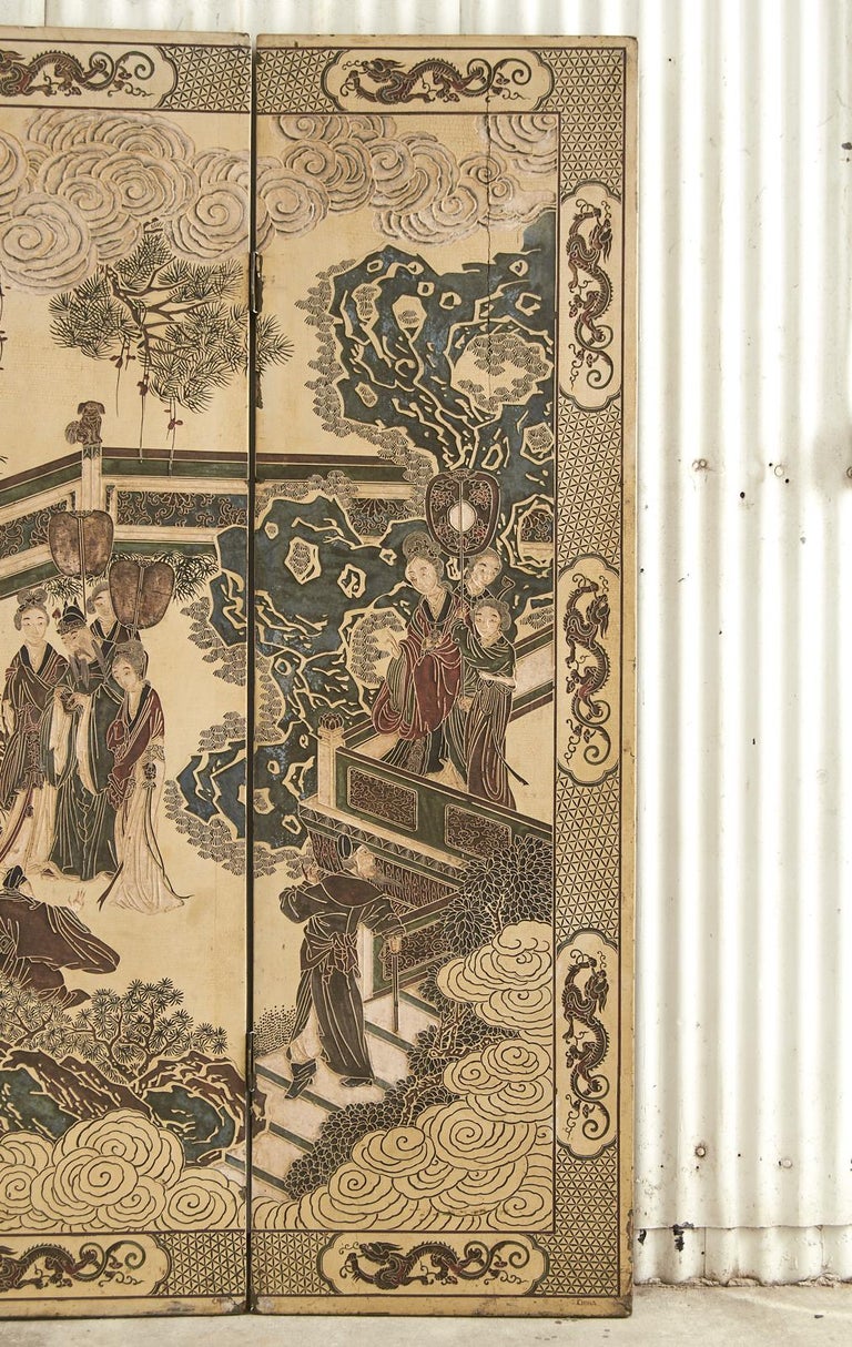 Chinese Export Qing Four Panel Ivory Lacquered Coromandel Screen For Sale 2
