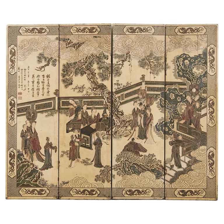 Chinese Export Qing Four Panel Ivory Lacquered Coromandel Screen For Sale