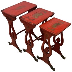 Antique Chinese Export Red Lacquer and Gilt Nesting Tables, Set of 3, 19th Century