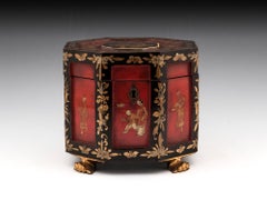Chinese Export Red Lacquer Paktong Bone Tea Chest, 19th Century