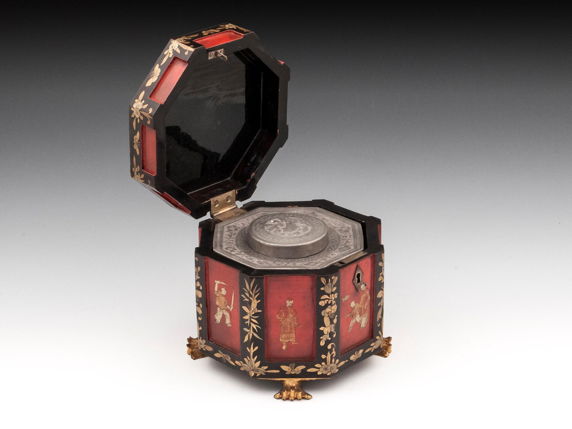 Chinese Export Red Lacquer Paktong Bone Tea Chest, 19th Century 3