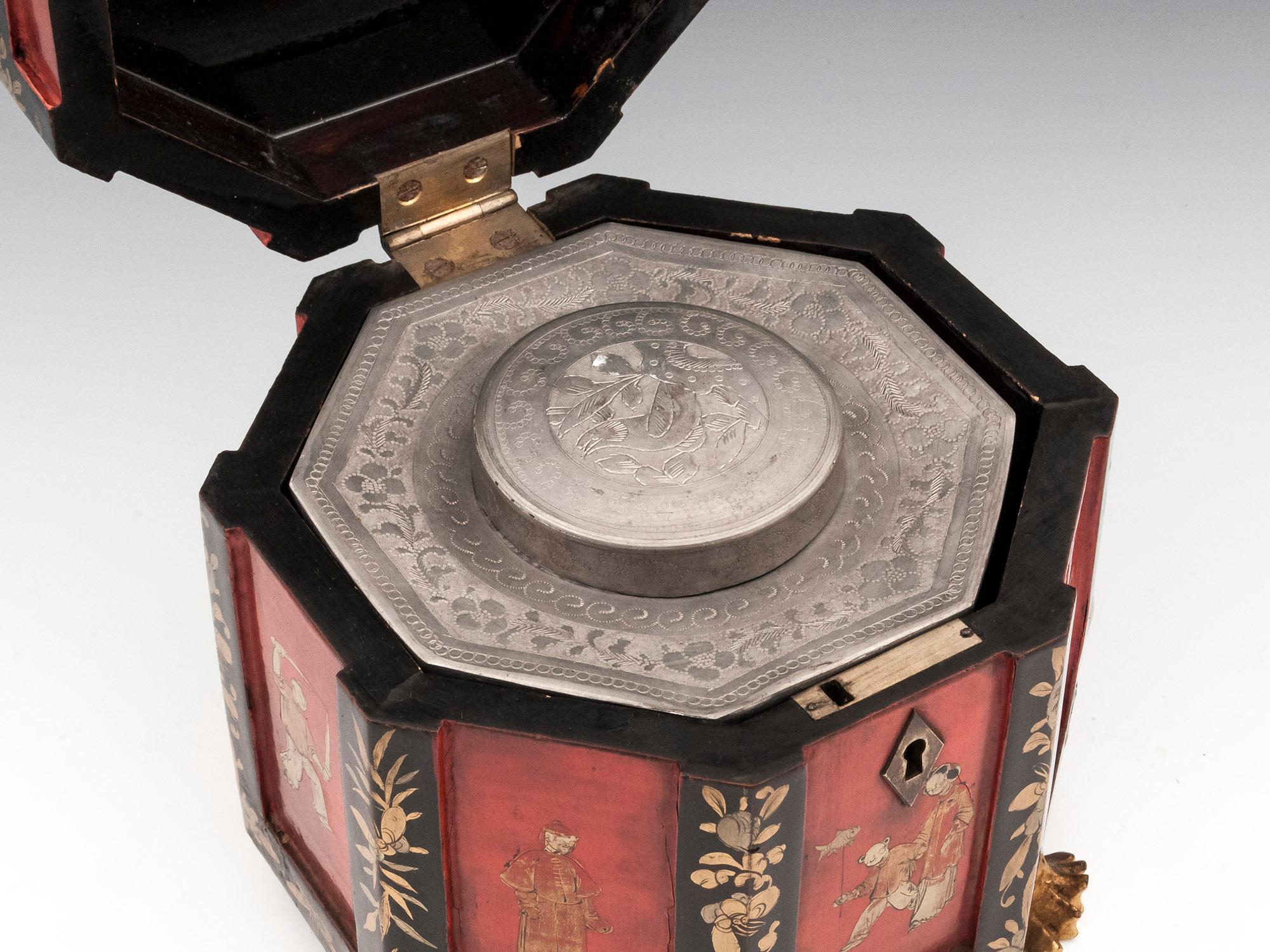 Chinese Export Red Lacquer Paktong Bone Tea Chest, 19th Century 4
