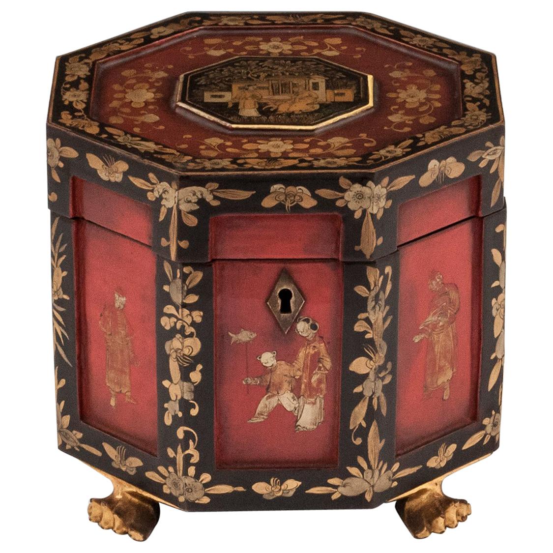 Chinese Export Red Lacquer Paktong Bone Tea Chest, 19th Century