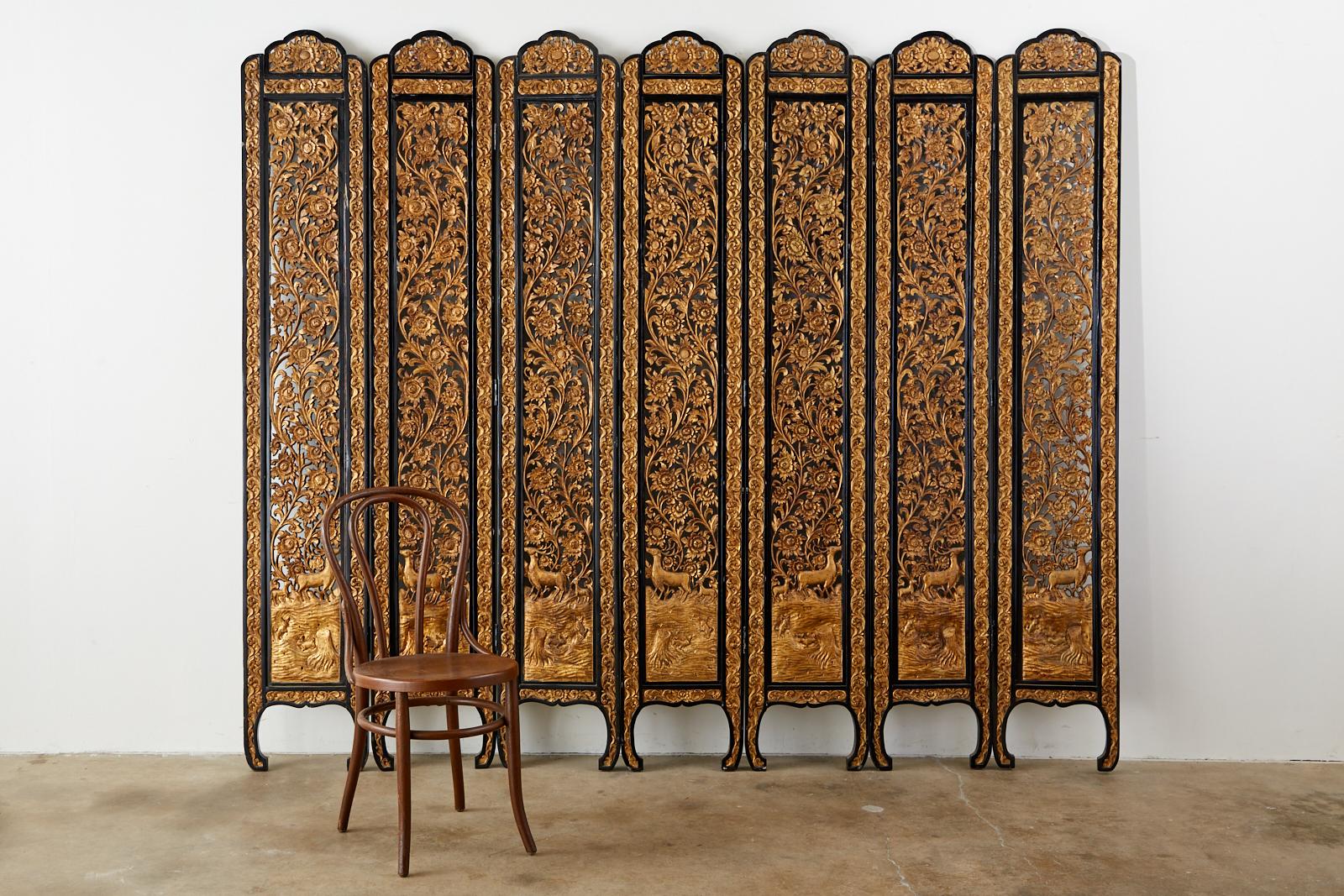 Hand-Crafted Chinese Export Relief Carved Giltwood Seven Panel Screen
