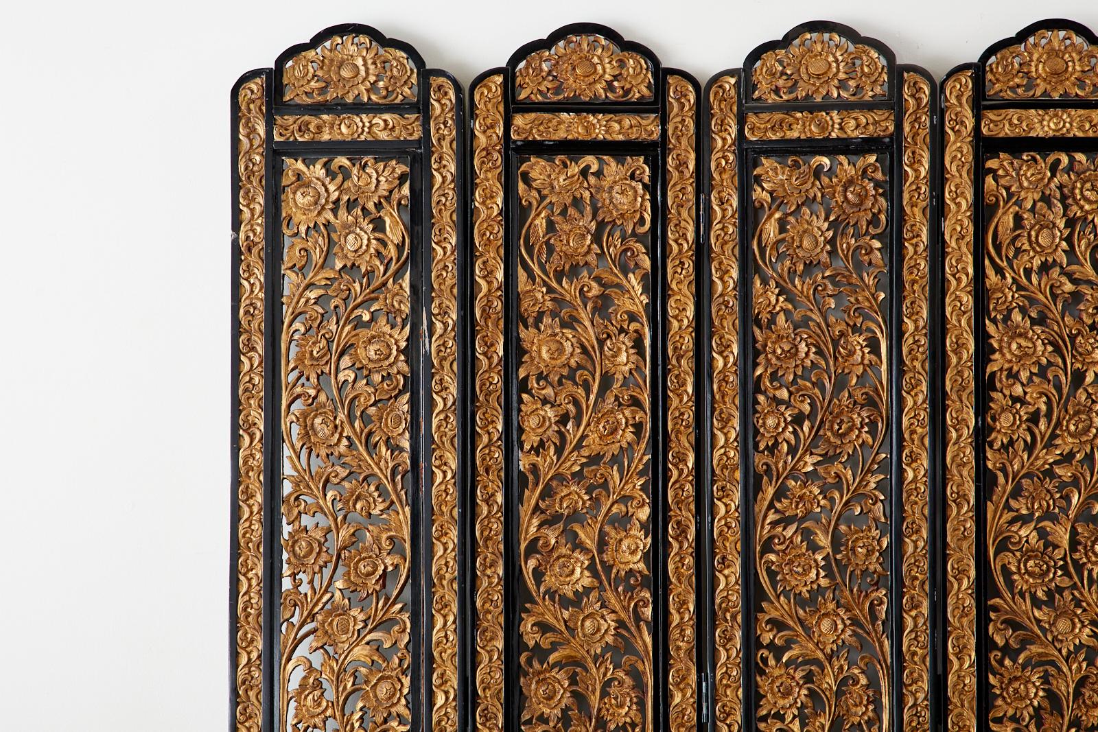 Brass Chinese Export Relief Carved Giltwood Seven Panel Screen