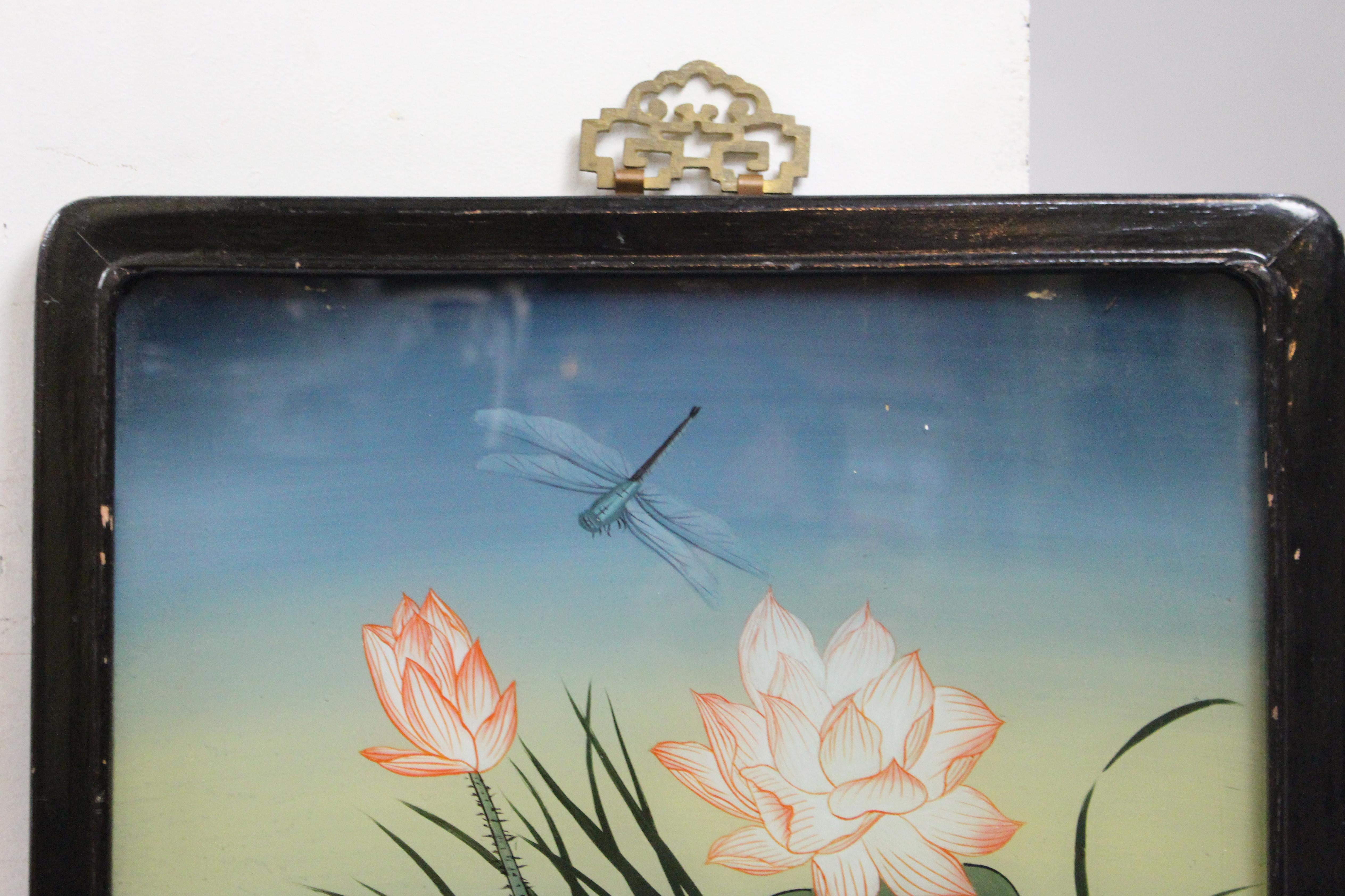 Hand-Painted Chinese Export Reverse Glass Dragonfly Painting