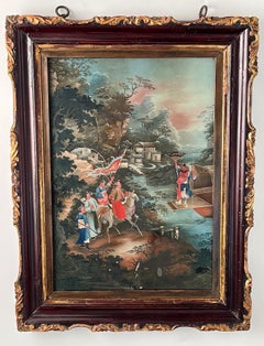 Chinese Export Reverse Glass Painting of Warriors in Landscape, circa 1825