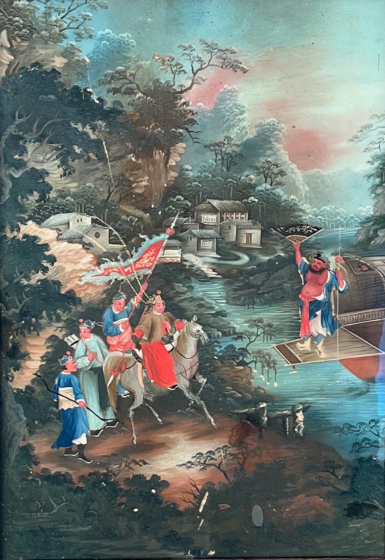 Hand-Carved Chinese Export Reverse Glass Painting of Warriors in Landscape, circa 1825 For Sale