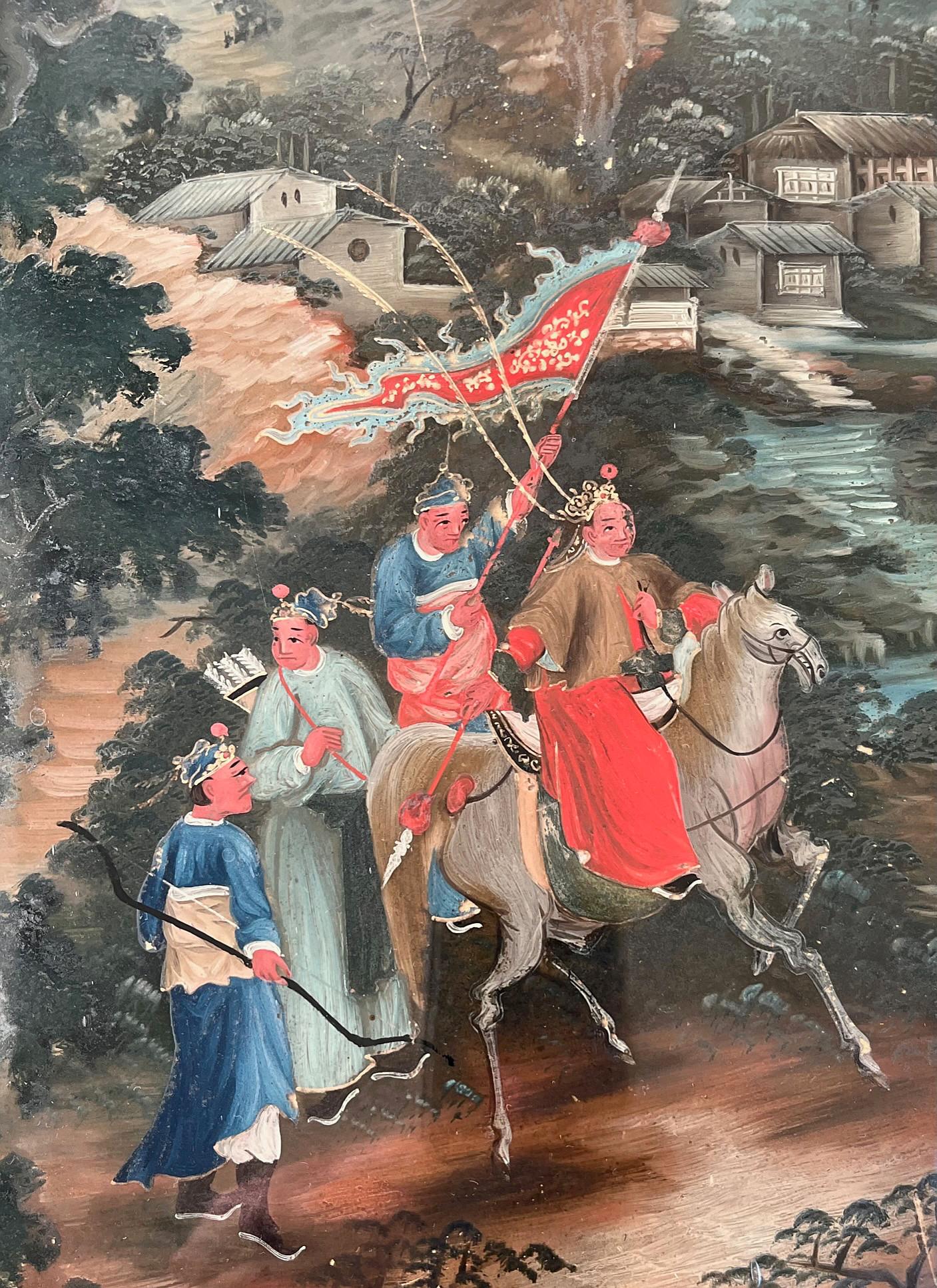 Chinesische Export-Umkehrglasmalerei von Kriegern in einer Landschaft, um 1825 (Handgeschnitzt) im Angebot