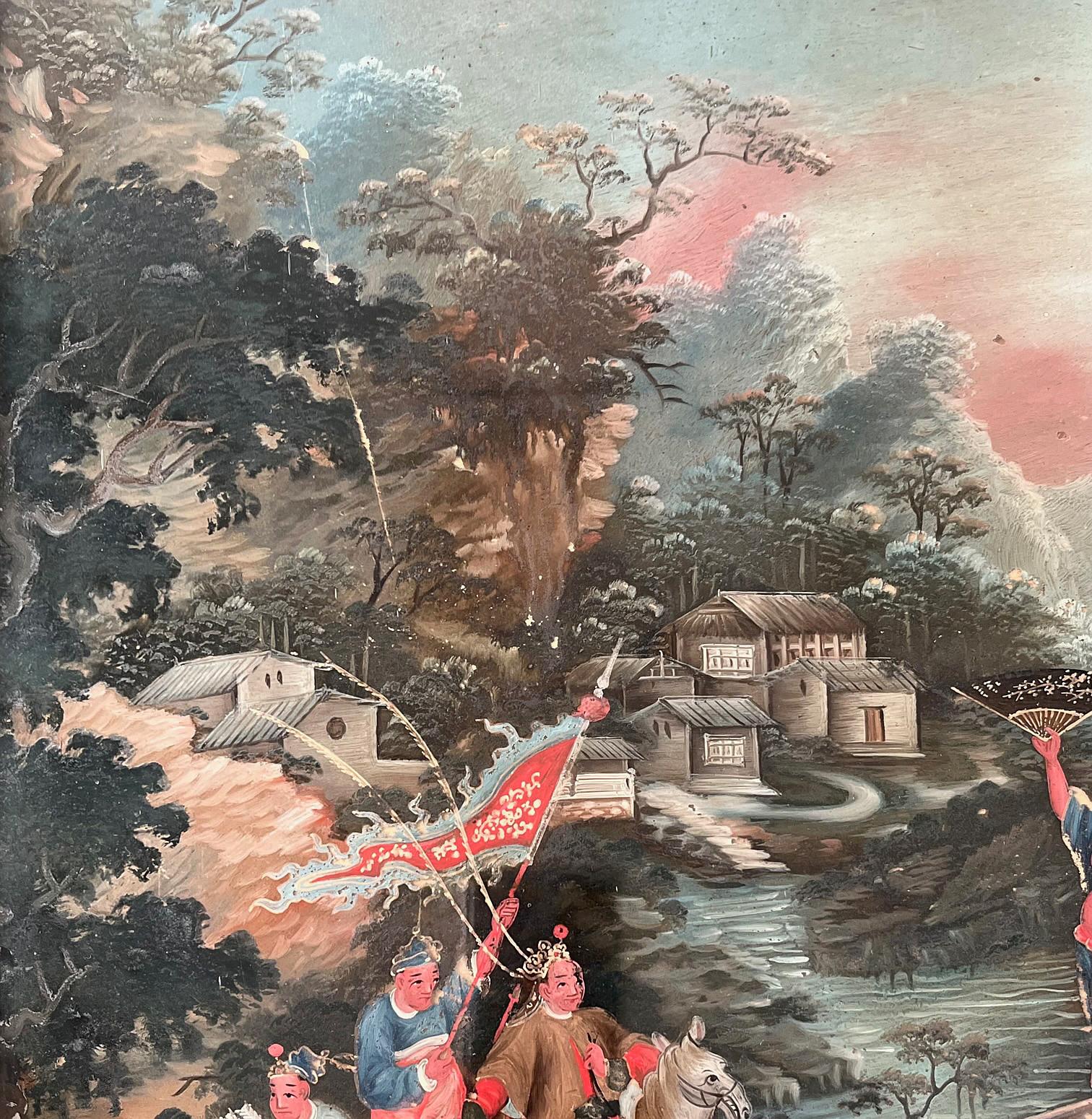 19th Century Chinese Export Reverse Glass Painting of Warriors in Landscape, circa 1825 For Sale
