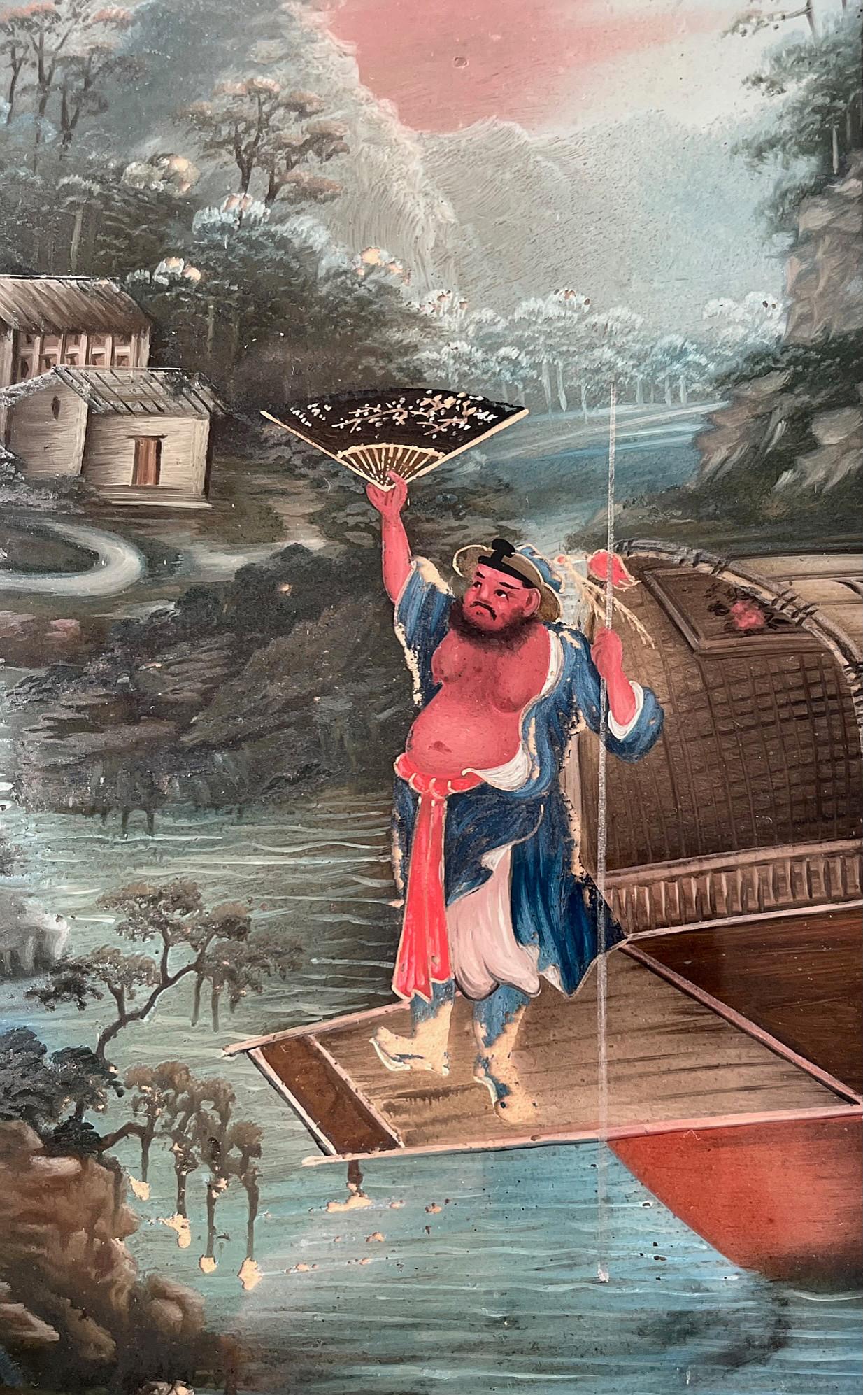 Chinesische Export-Umkehrglasmalerei von Kriegern in einer Landschaft, um 1825 (19. Jahrhundert) im Angebot