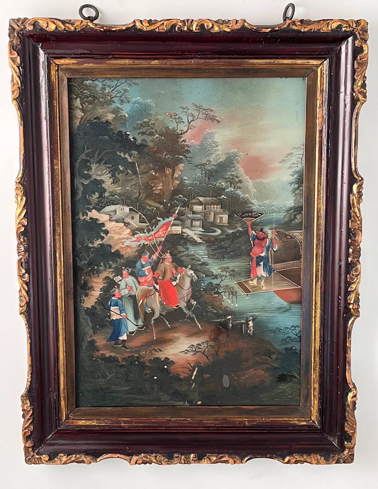 Chinese Export Reverse Glass Painting of Warriors in Landscape, circa 1825 For Sale 2