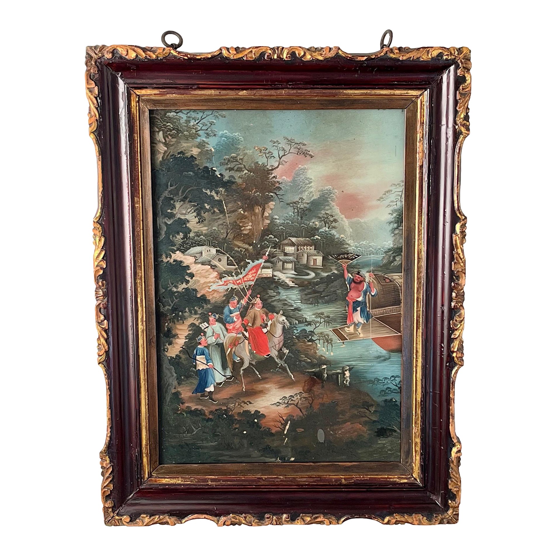 Peinture en verre inversé d'exportation chinoise représentant des guerriers dans un paysage, vers 1825 en vente